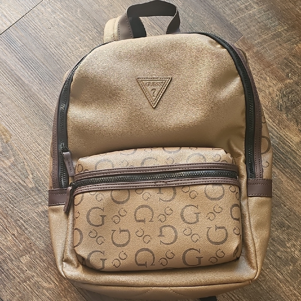 Guess Tan and Brown Backpack with Patterned Design